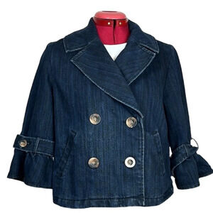 Live a  Little dark blue, double breasted, cropped swing denim back pleat jacket